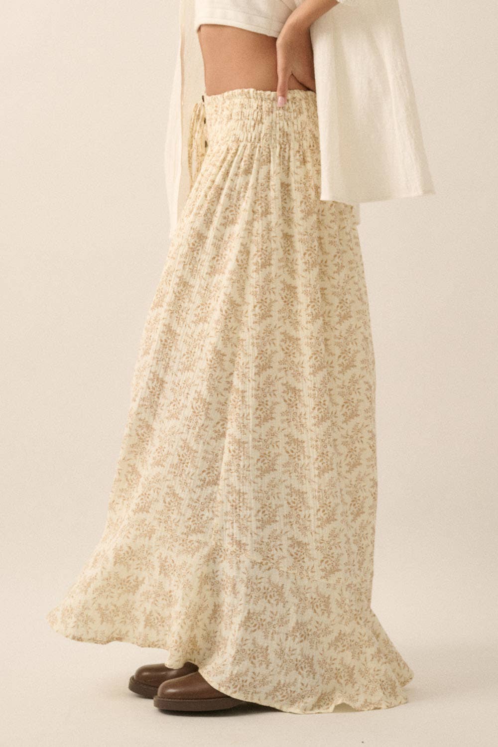Annabelle- Floral Print Crinkle Cotton Buttoned Maxi Skirt
