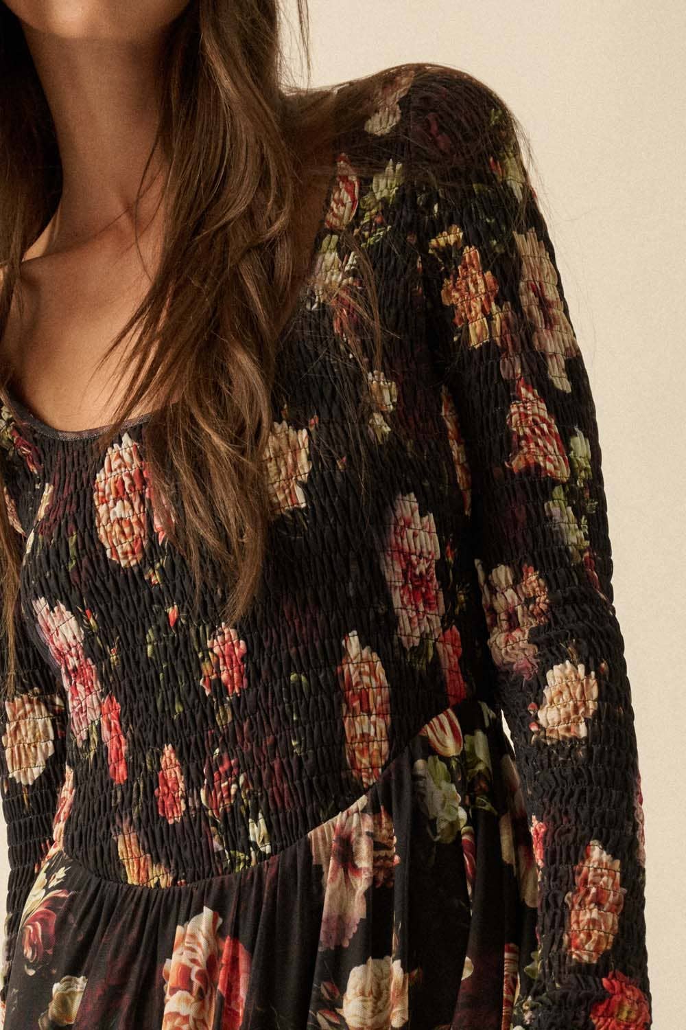 Lydia - Floral-Print Mesh Smocked Long-Sleeve Maxi Dress