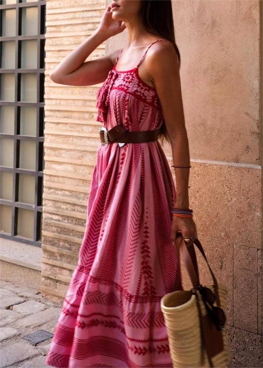 Ryla Print Crochet Slip Maxi Dress Rosa