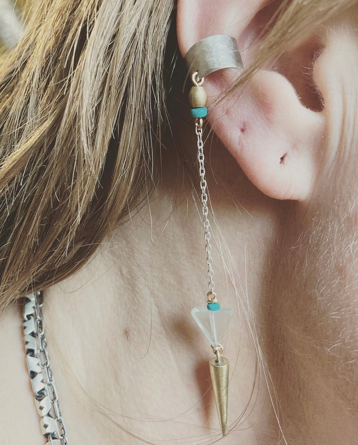 Ear Cuff with chain and stud - obsidian, jade and brass beading