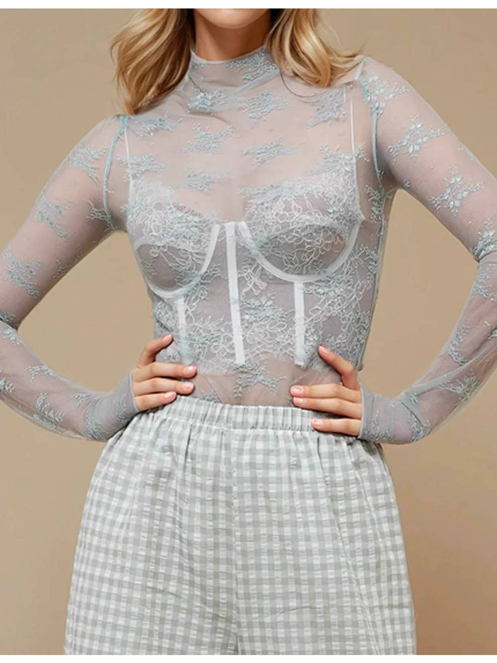 Lux Layering Floral Lace See Through Mesh Top Blouse