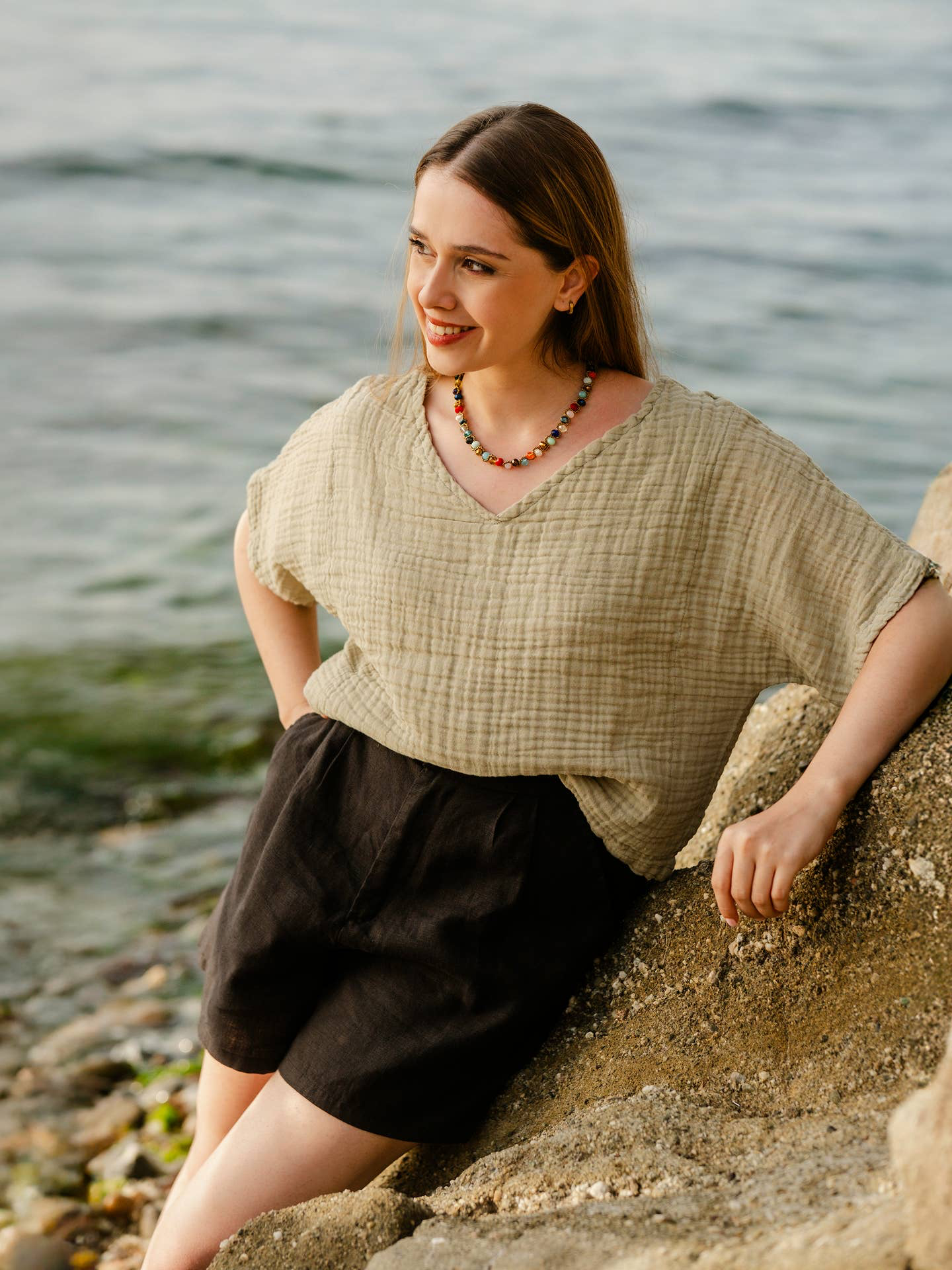 Double Gauze Muslin Cotton V-Neck Top