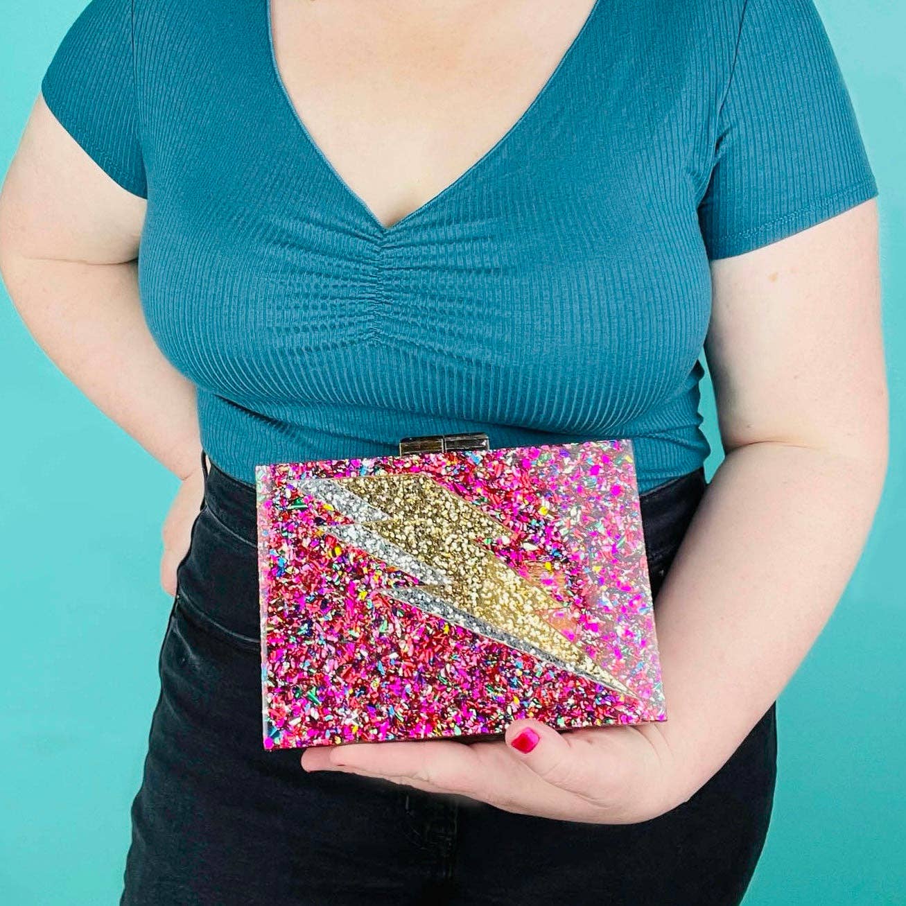 Pink Rainbow Confetti Lightning Bolt Cyndi Clutch