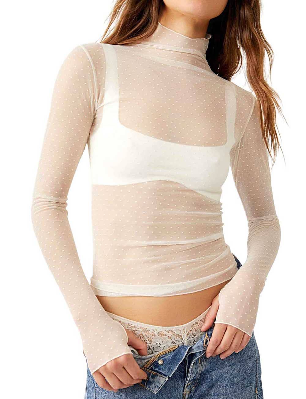 Ladies Polka Dot Mesh Turtleneck Layering Top