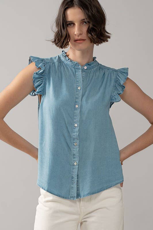 Felicia - Flutter Sleeve Pearl Button Ruffle Trim Tencel Denim Top