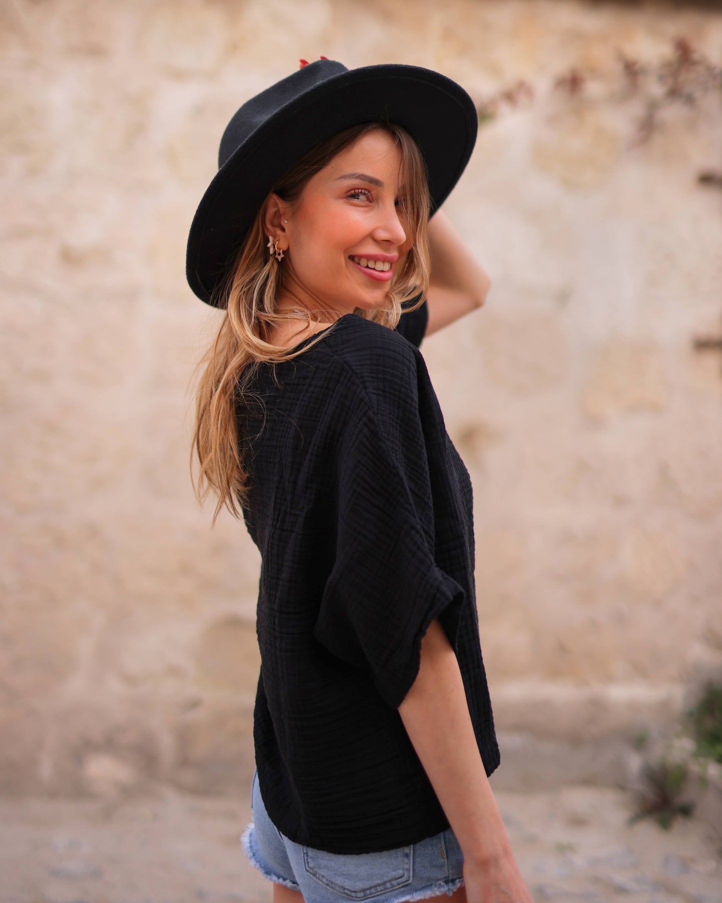 Double Gauze Muslin Cotton V-Neck Top