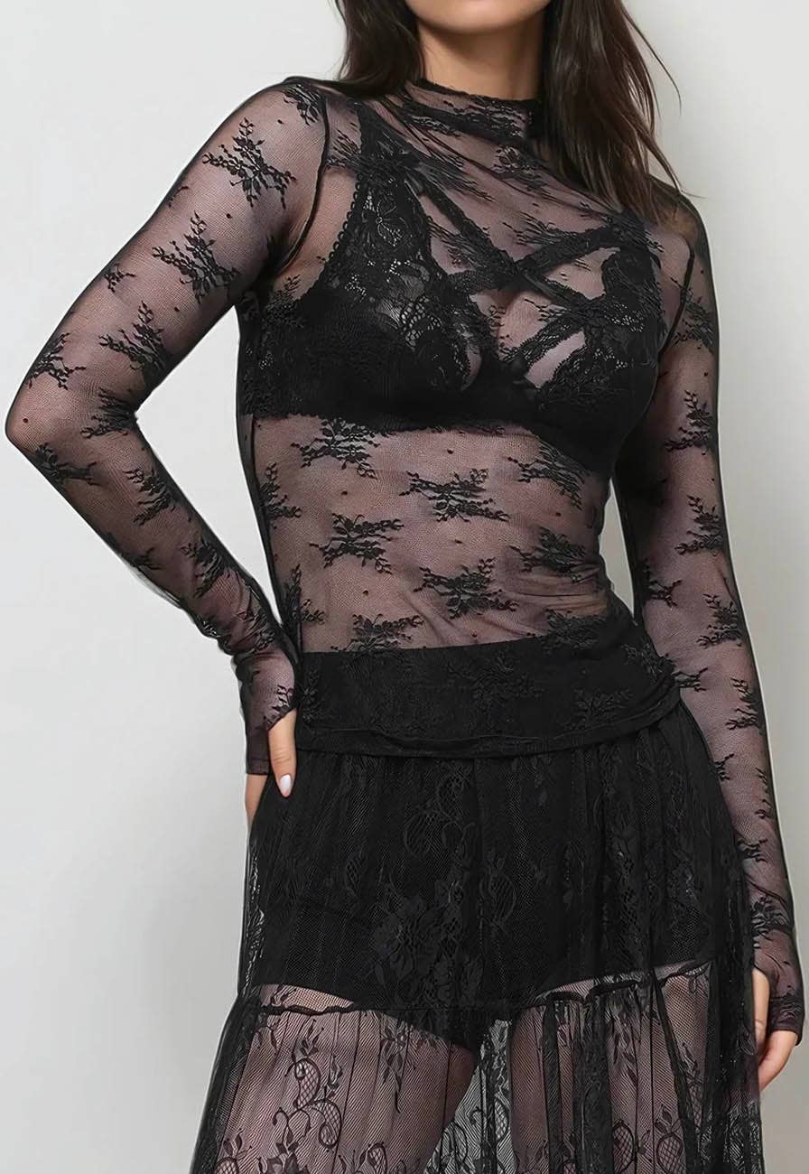 Lux Layering Floral Lace See Through Mesh Top Blouse