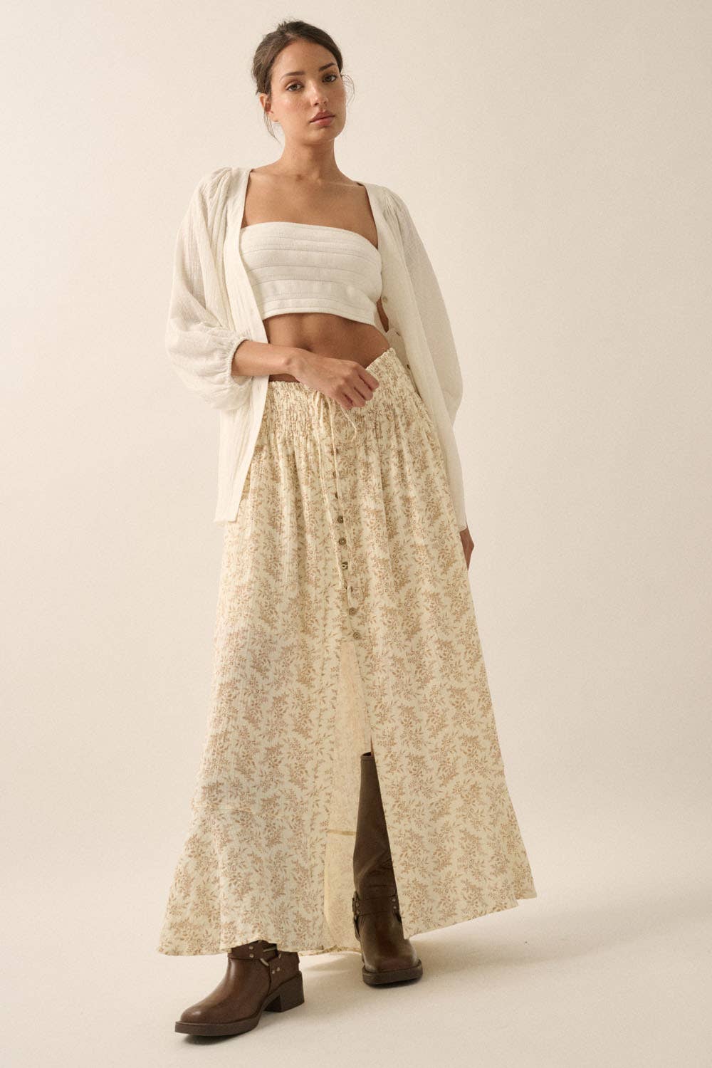 Annabelle- Floral Print Crinkle Cotton Buttoned Maxi Skirt