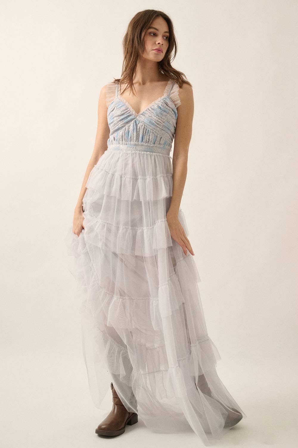 Frida - Floral Lace and Tulle Tiered Ruffle Maxi Dress