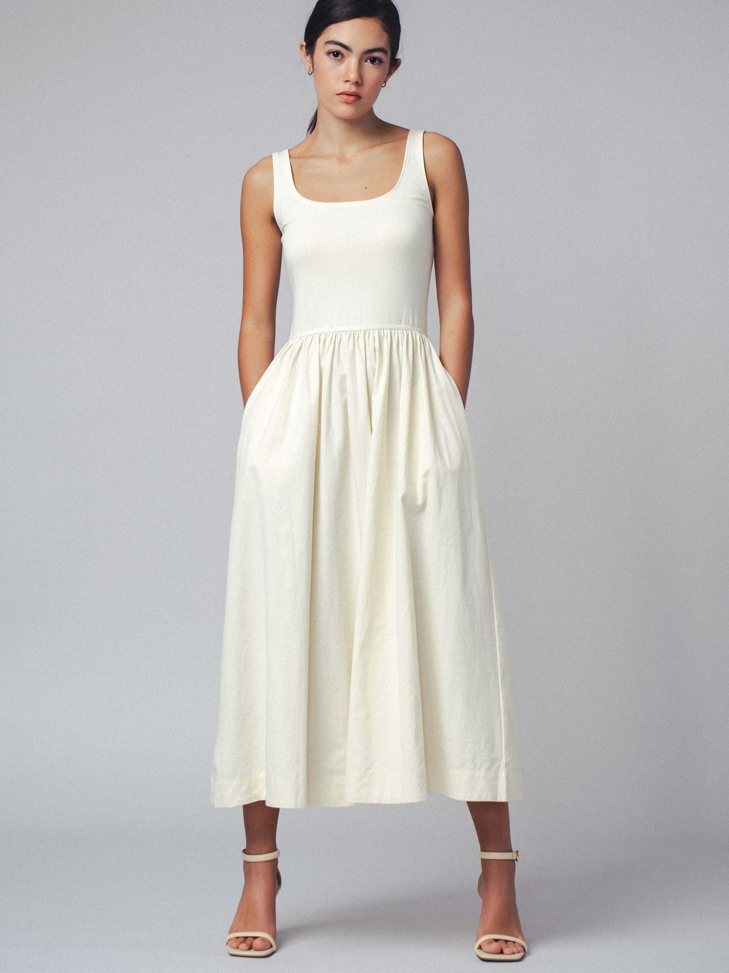 Erica - Square Neck Cotton Blend Gathered Waist Midi Dress