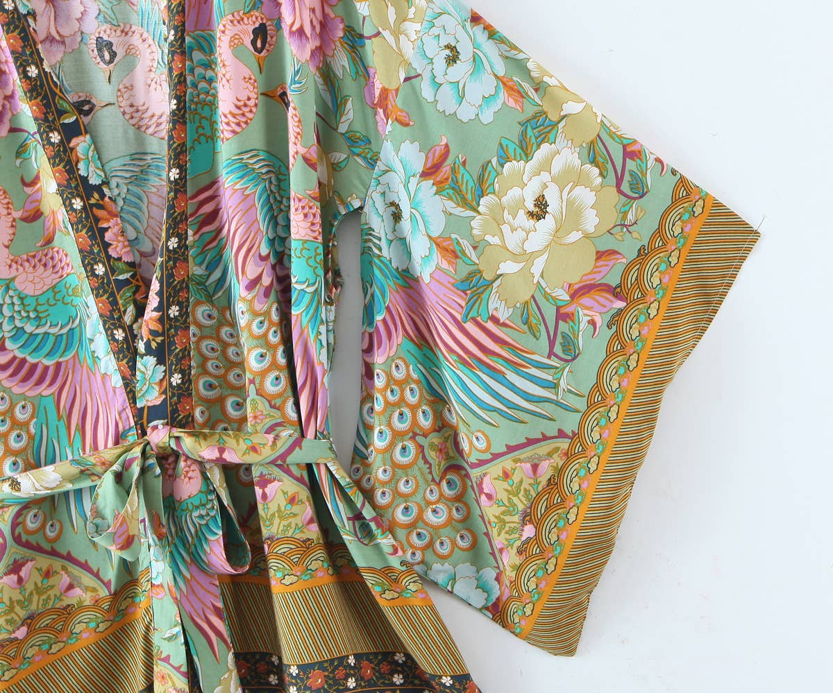 Vivian Vibrant Boho Beach Peacock Print Tie-Waist Kimono