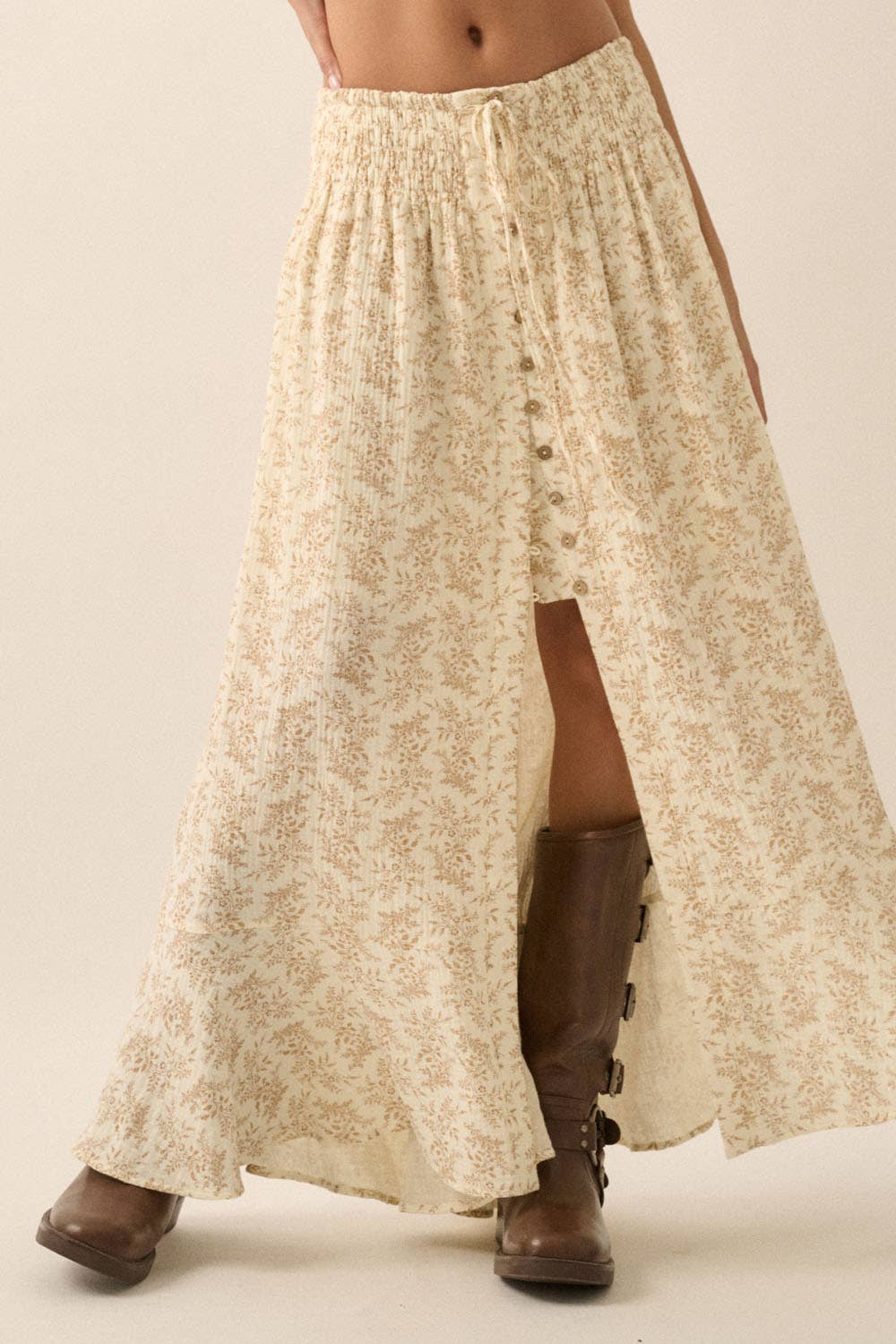 Annabelle- Floral Print Crinkle Cotton Buttoned Maxi Skirt
