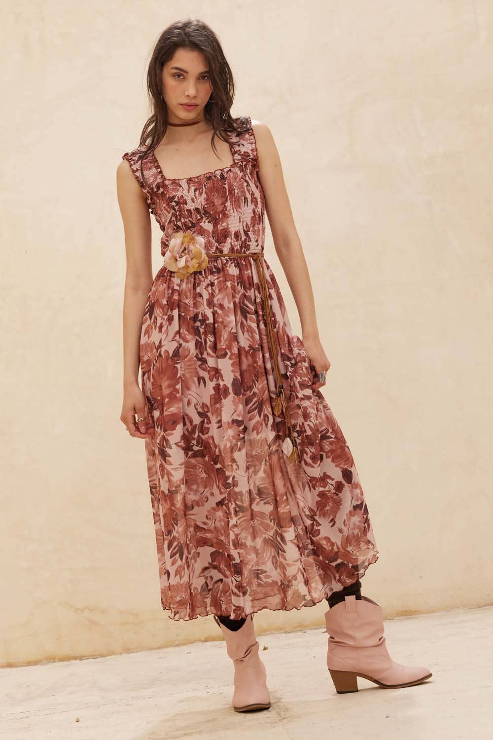 Caroline Floral Mesh Fit-and-Flare Smocked Midi Dress
