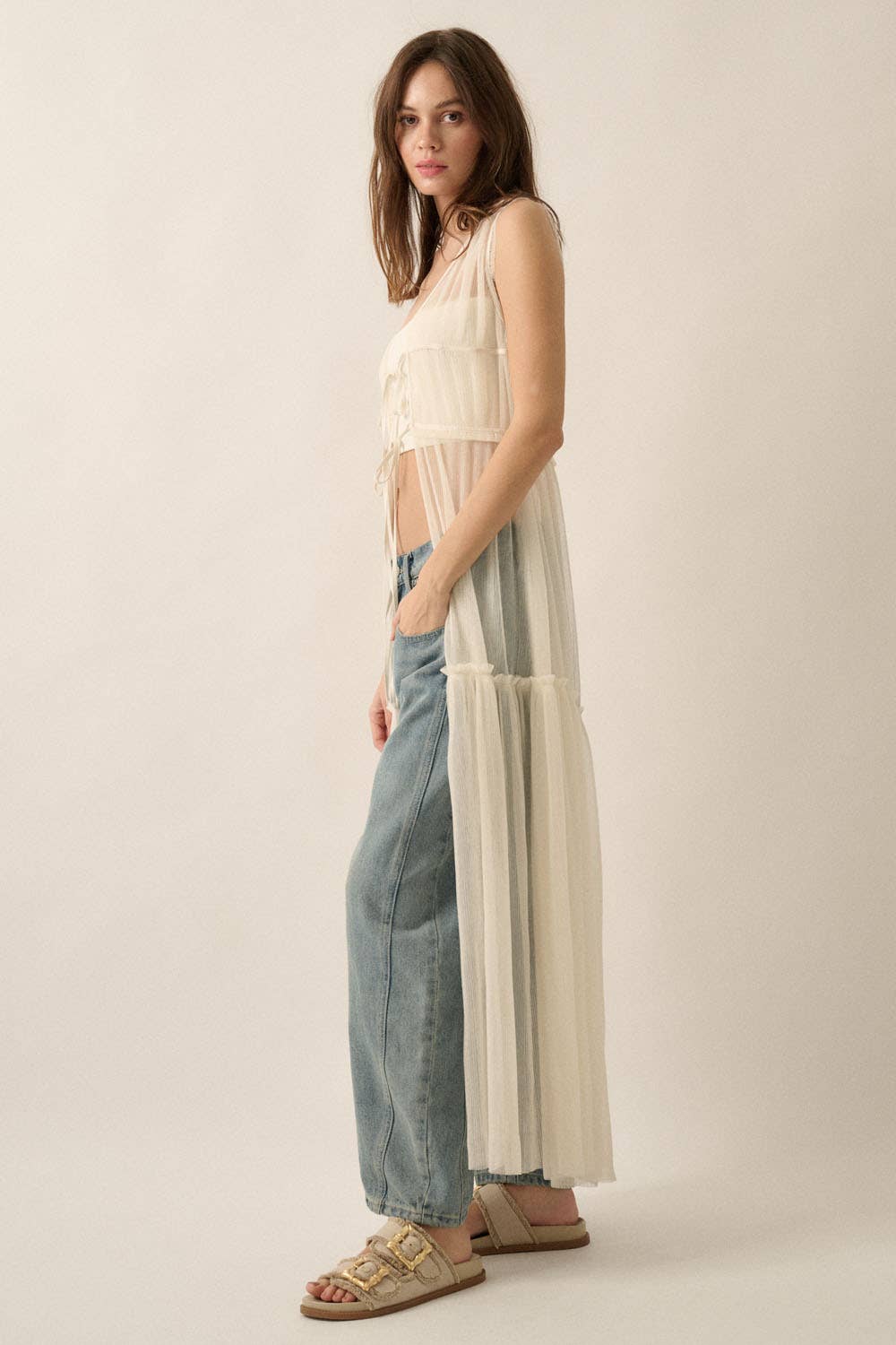 Beth Sheer Tulle Ruffled Tie-Front Layering Maxi Top