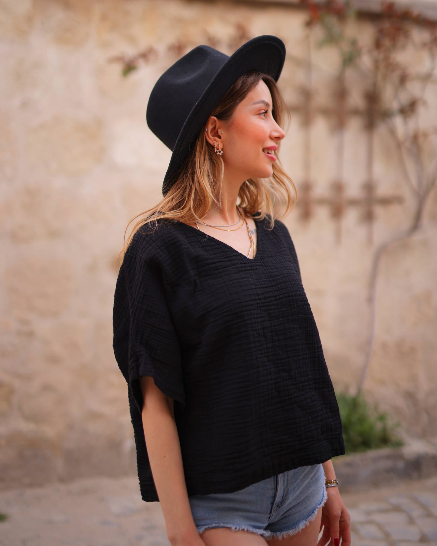 Double Gauze Muslin Cotton V-Neck Top