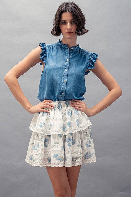 Felicia - Flutter Sleeve Pearl Button Ruffle Trim Tencel Denim Top
