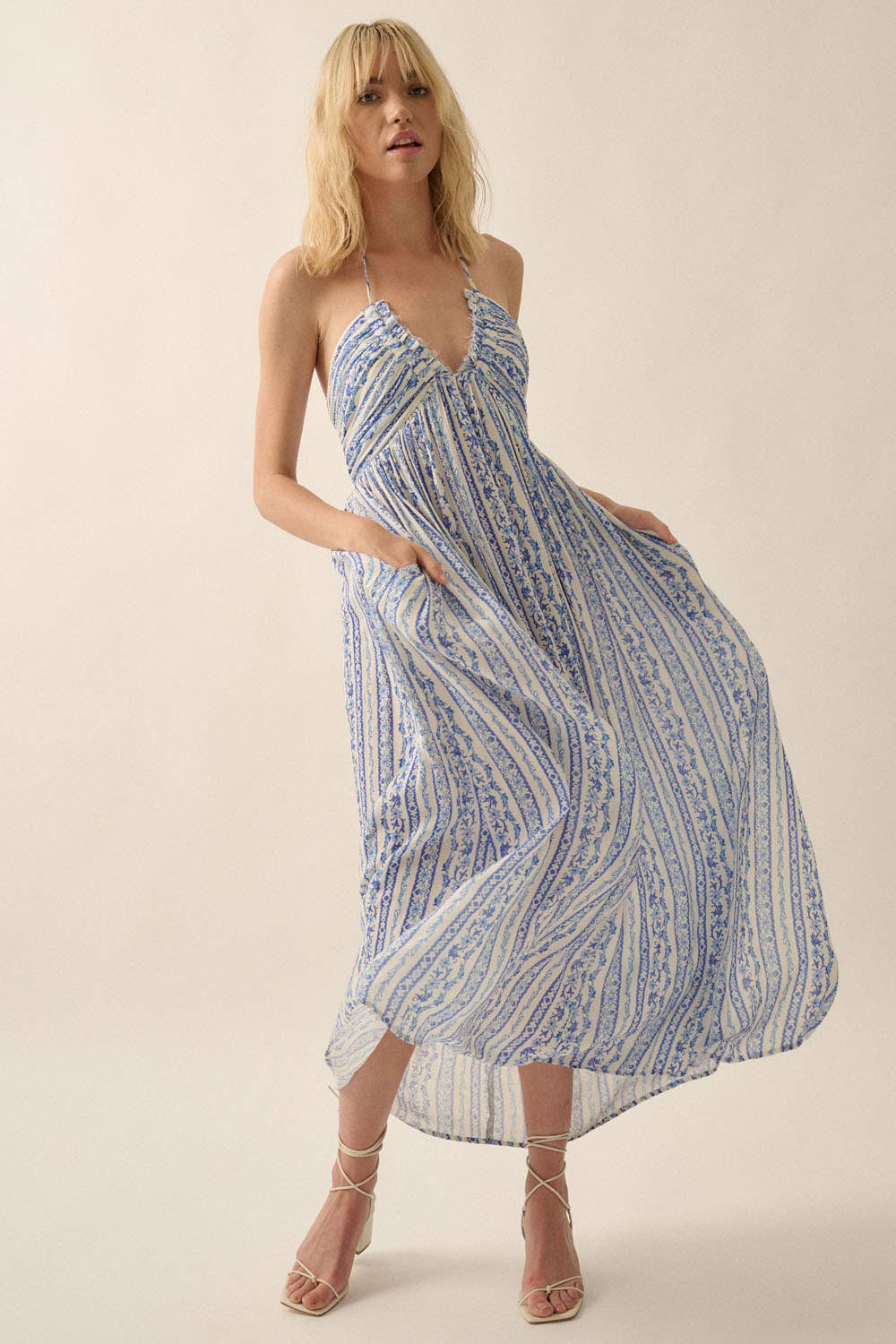 Gigi Floral-Stripe Tie-Back Maxi Halter Dress