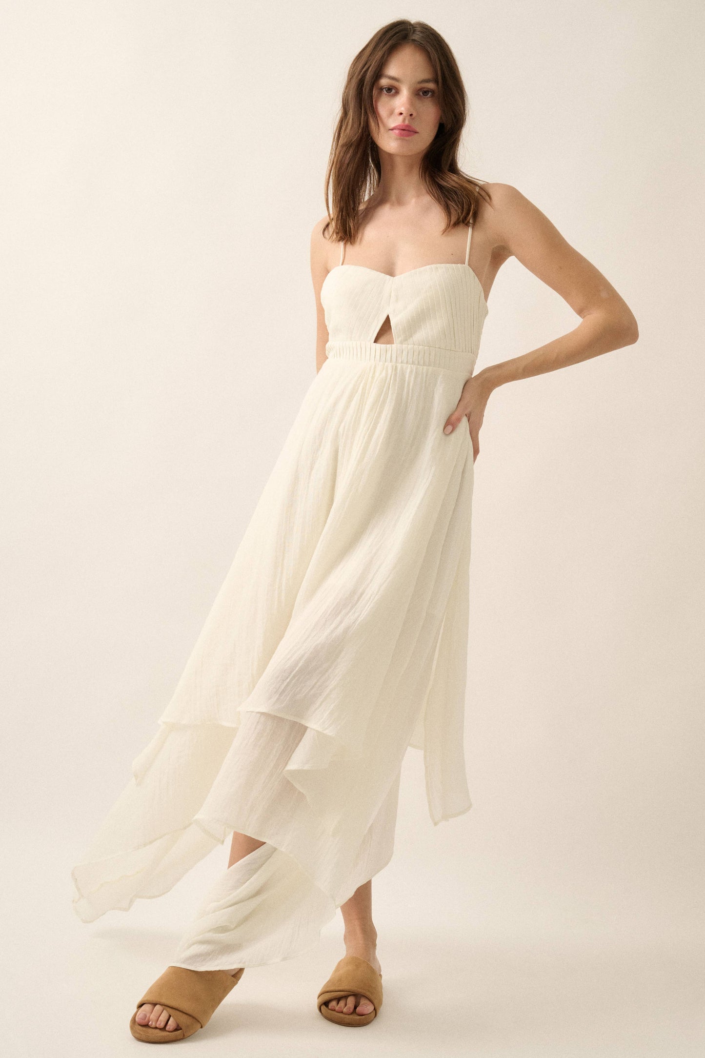 Janet - Pleated Keyhole-Bodice Layered Gauze Maxi Dress