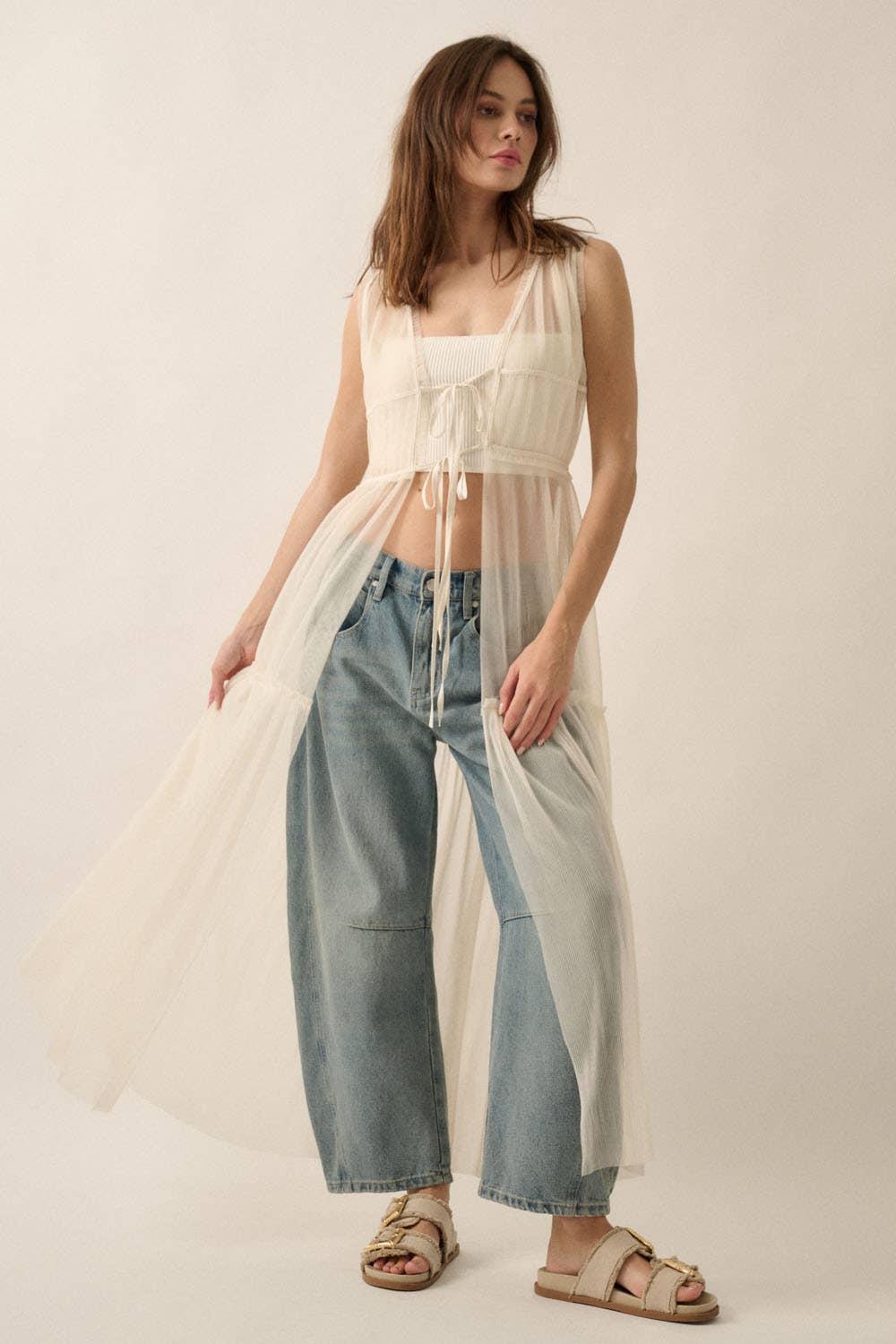 Beth Sheer Tulle Ruffled Tie-Front Layering Maxi Top