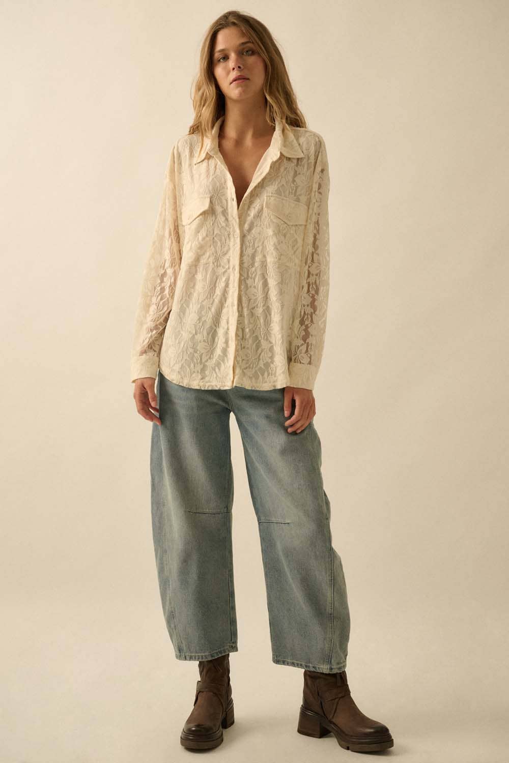 Francine Floral Lace Button-Up Pocket Shirt