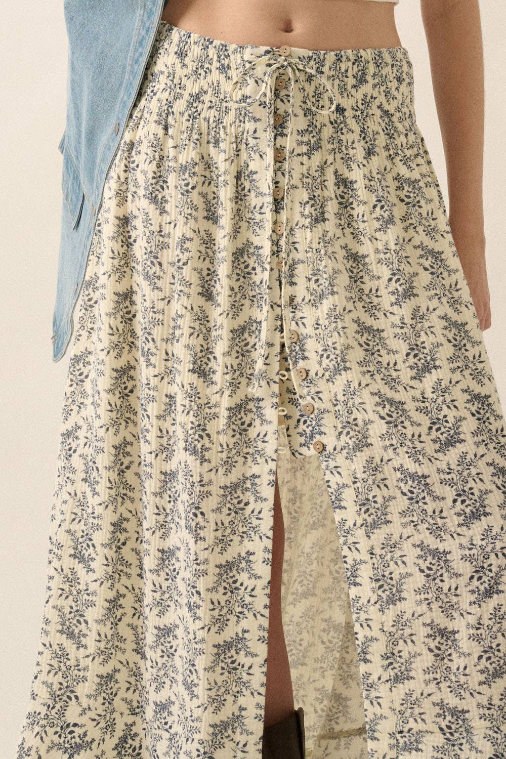 Annabelle- Floral Print Crinkle Cotton Buttoned Maxi Skirt
