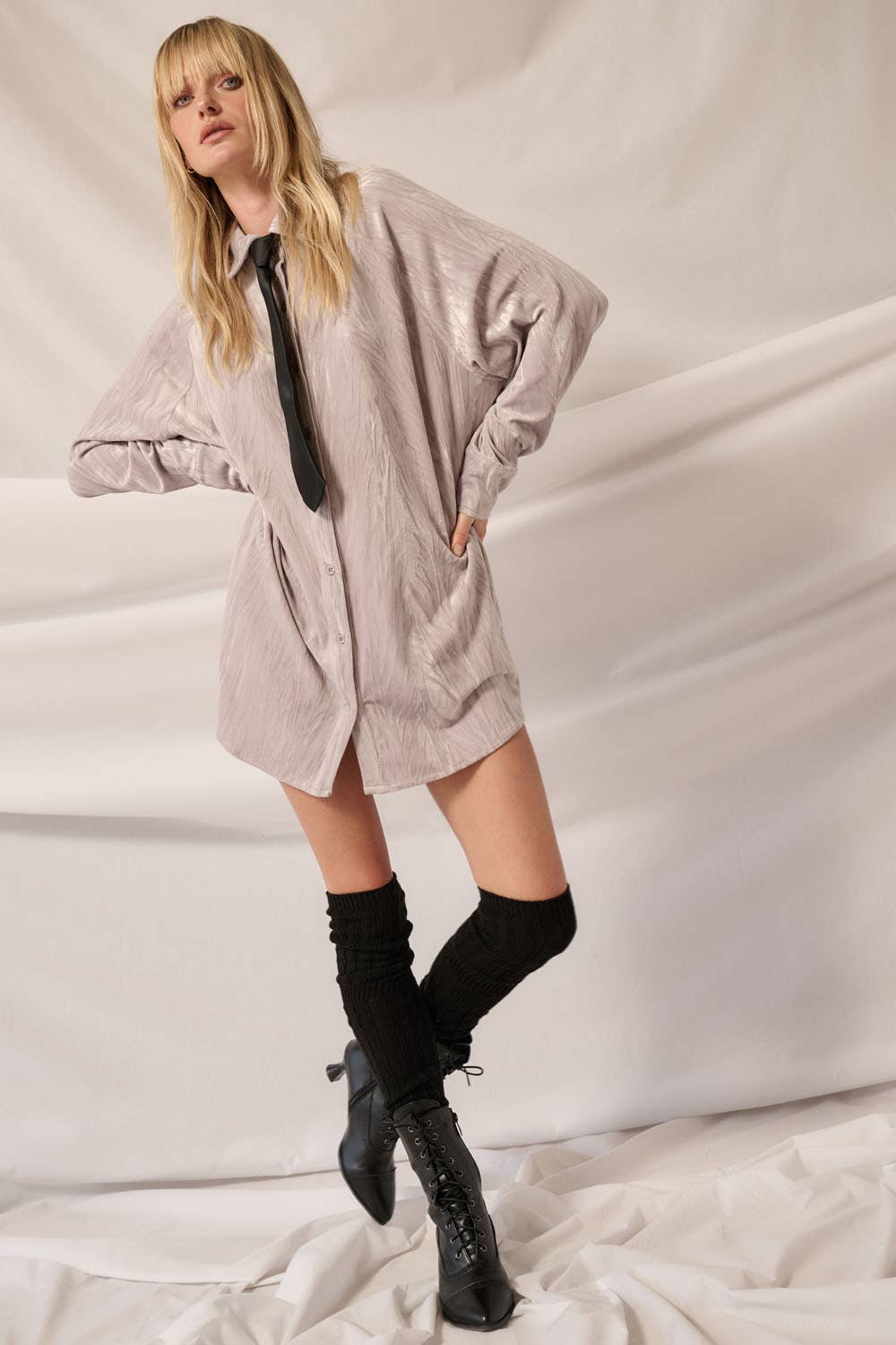 Maizy - Metallic Crinkle Velvet Button-Up Mini Shirt Dress
