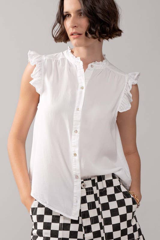 Felicia - Flutter Sleeve Pearl Button Ruffle Trim Tencel Denim Top