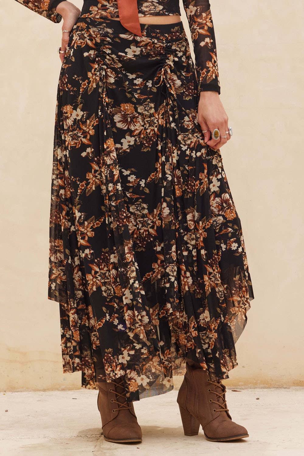 Joanna Floral-Print Mesh Ruched Handkerchief Maxi Skirt