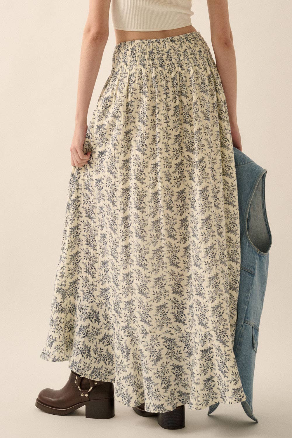 Annabelle- Floral Print Crinkle Cotton Buttoned Maxi Skirt