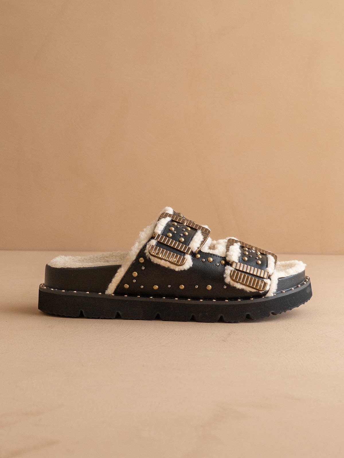 The Gaylen Black Studded Buckle Fleece-Lined Slide