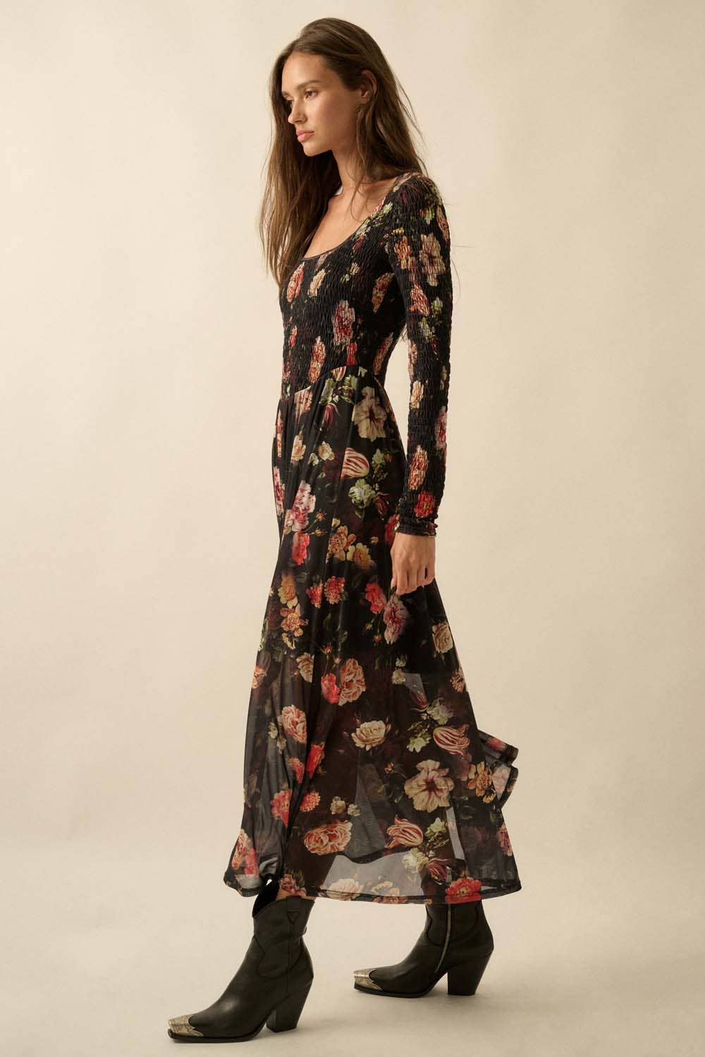 Lydia - Floral-Print Mesh Smocked Long-Sleeve Maxi Dress
