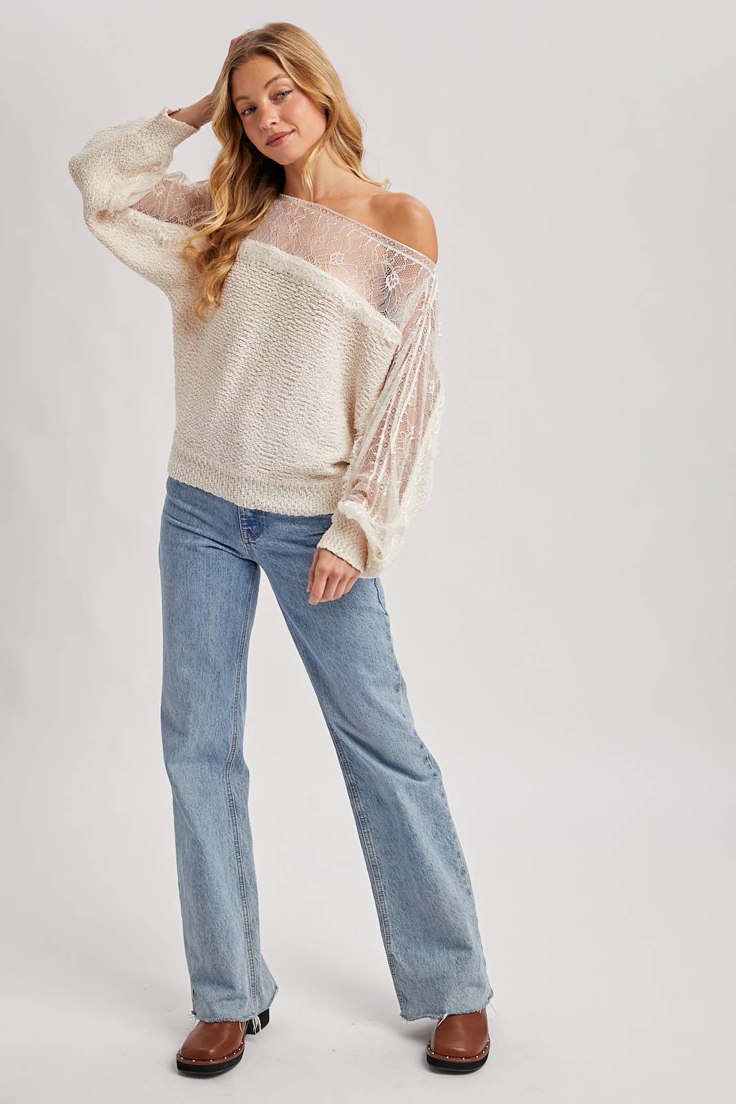 Katie Boat Neck Lace Trimmed Knit Sweater Pullover