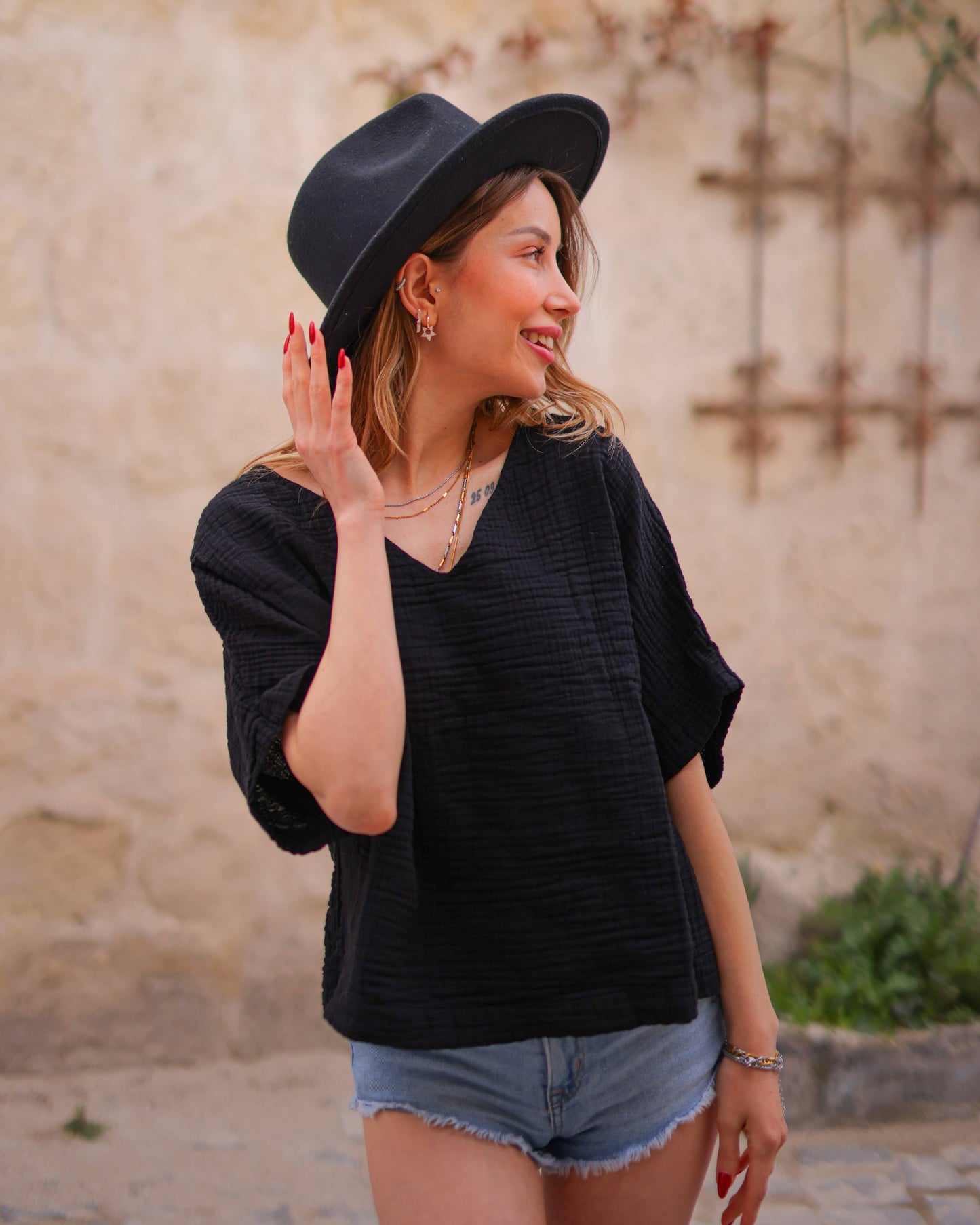 Double Gauze Muslin Cotton V-Neck Top