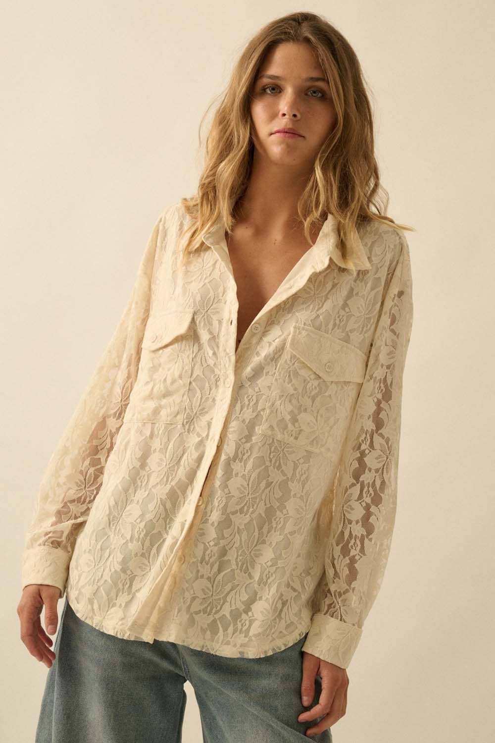 Francine Floral Lace Button-Up Pocket Shirt