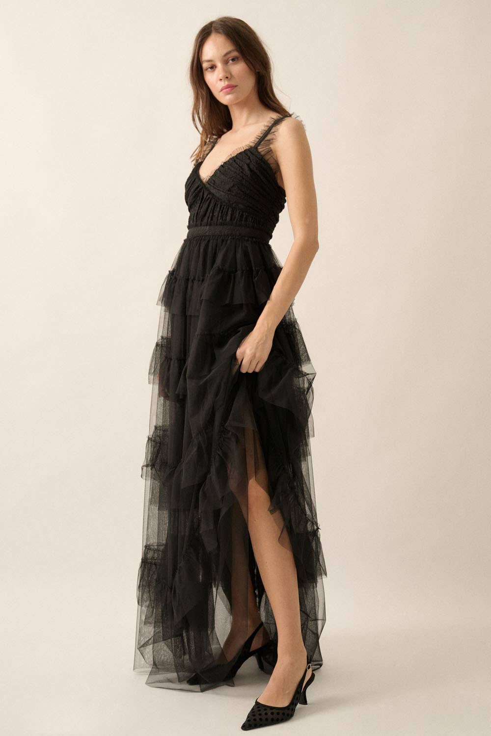 Frida - Floral Lace and Tulle Tiered Ruffle Maxi Dress