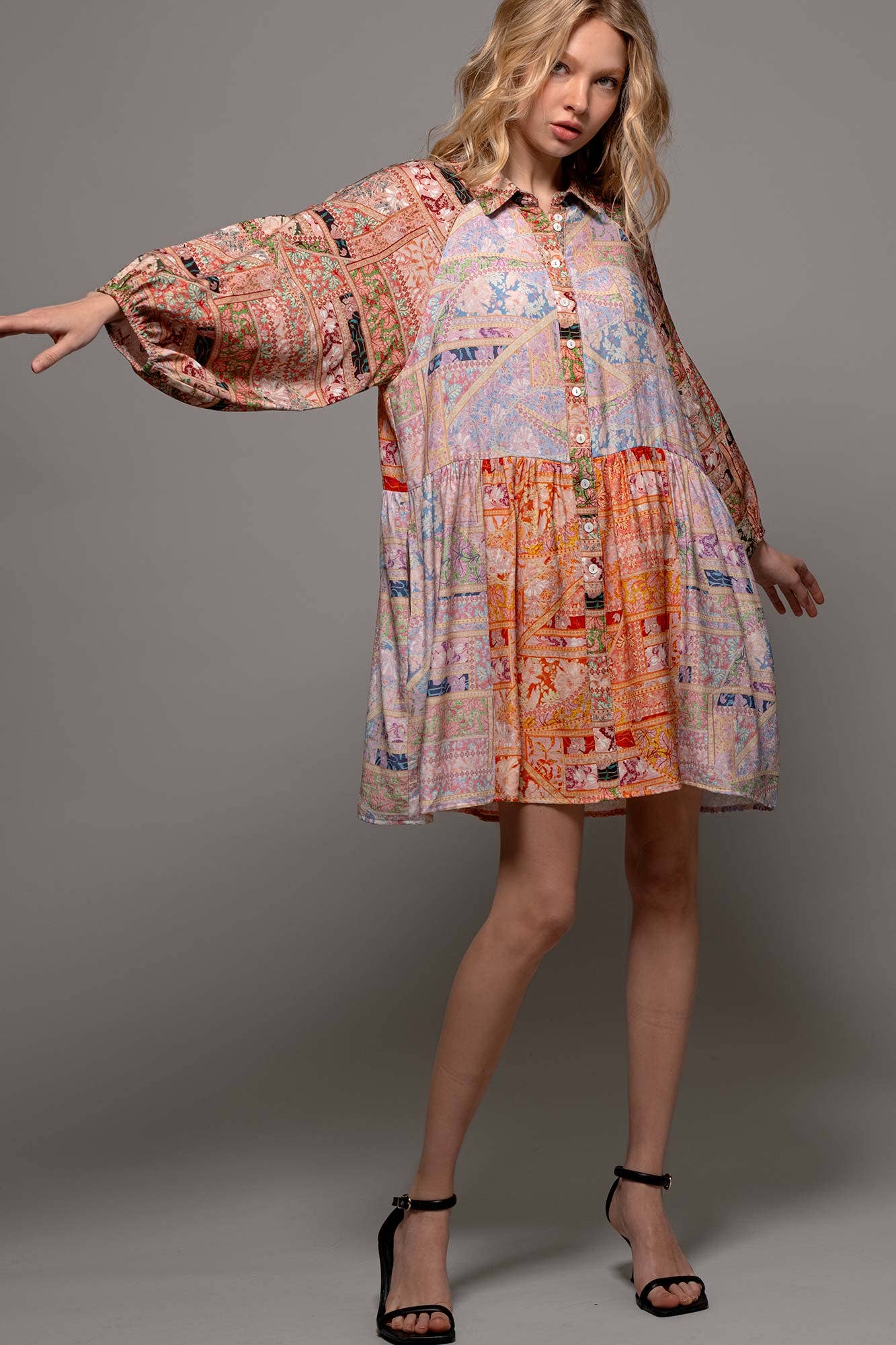 Retro Bohemian Button Down Balloon Sleeve Mini Dress