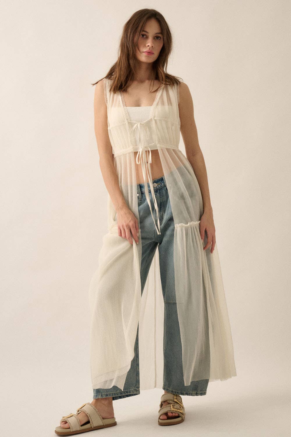 Beth Sheer Tulle Ruffled Tie-Front Layering Maxi Top