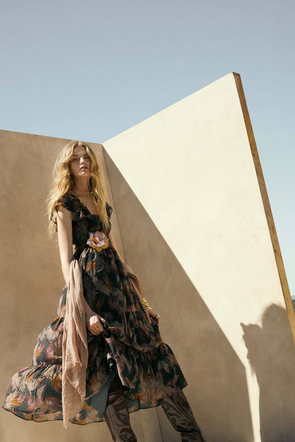 Elaine Abstract-Print Smocked Ruffle Midi Dress