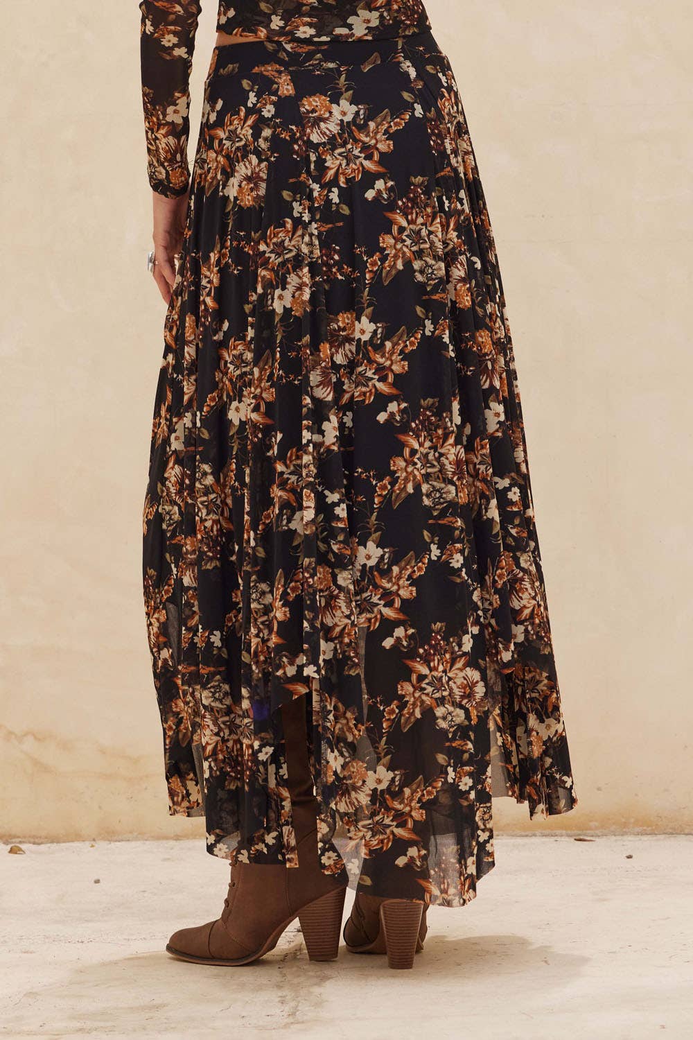 Joanna Floral-Print Mesh Ruched Handkerchief Maxi Skirt