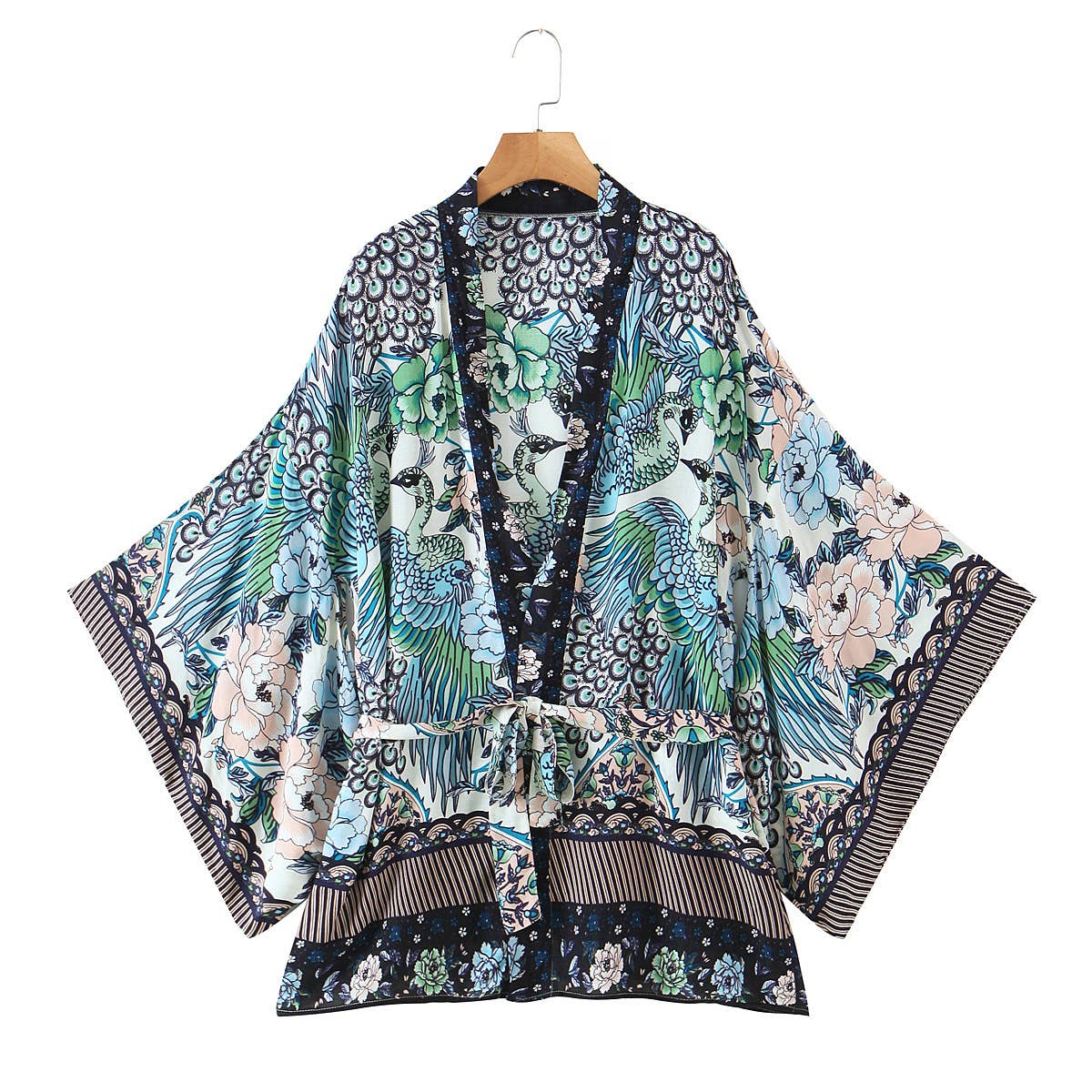 Vivian Vibrant Boho Beach Peacock Print Tie-Waist Kimono