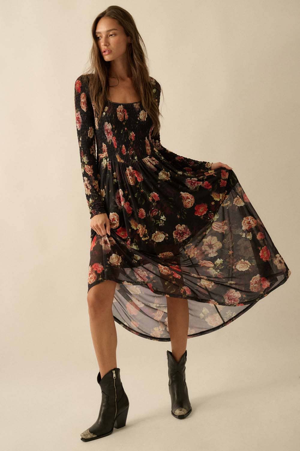 Lydia - Floral-Print Mesh Smocked Long-Sleeve Maxi Dress