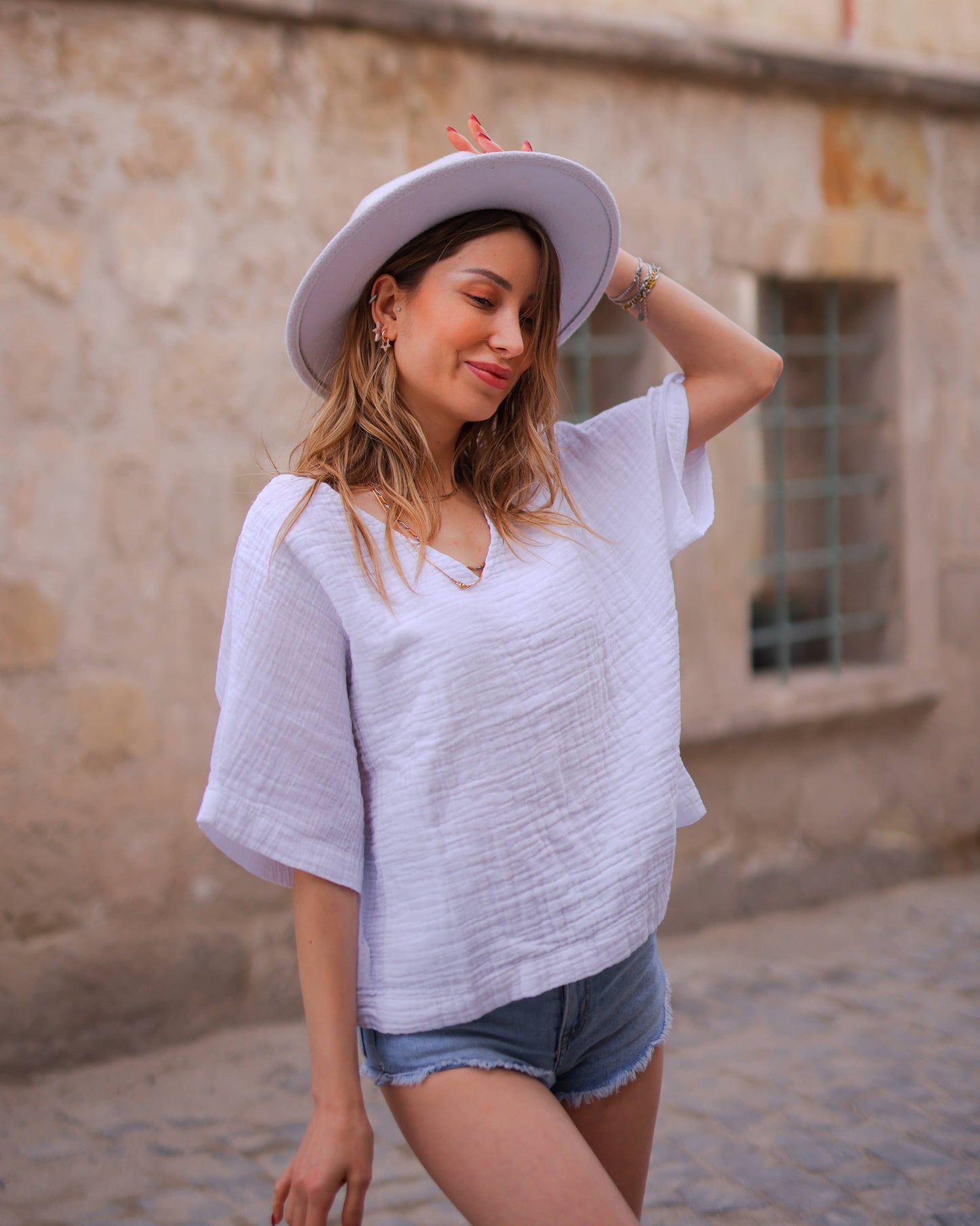 Double Gauze Muslin Cotton V-Neck Top