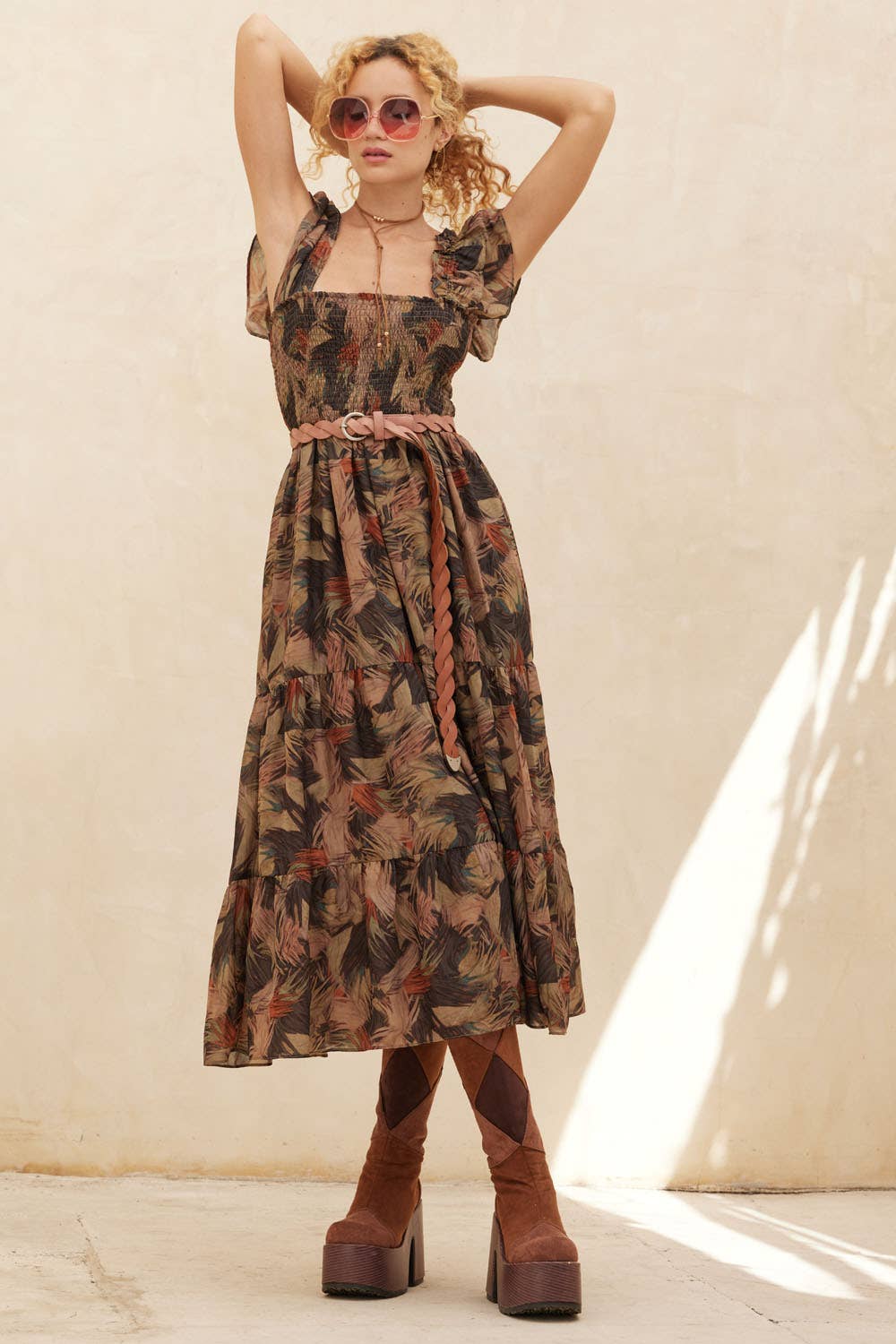 Elaine Abstract-Print Smocked Ruffle Midi Dress