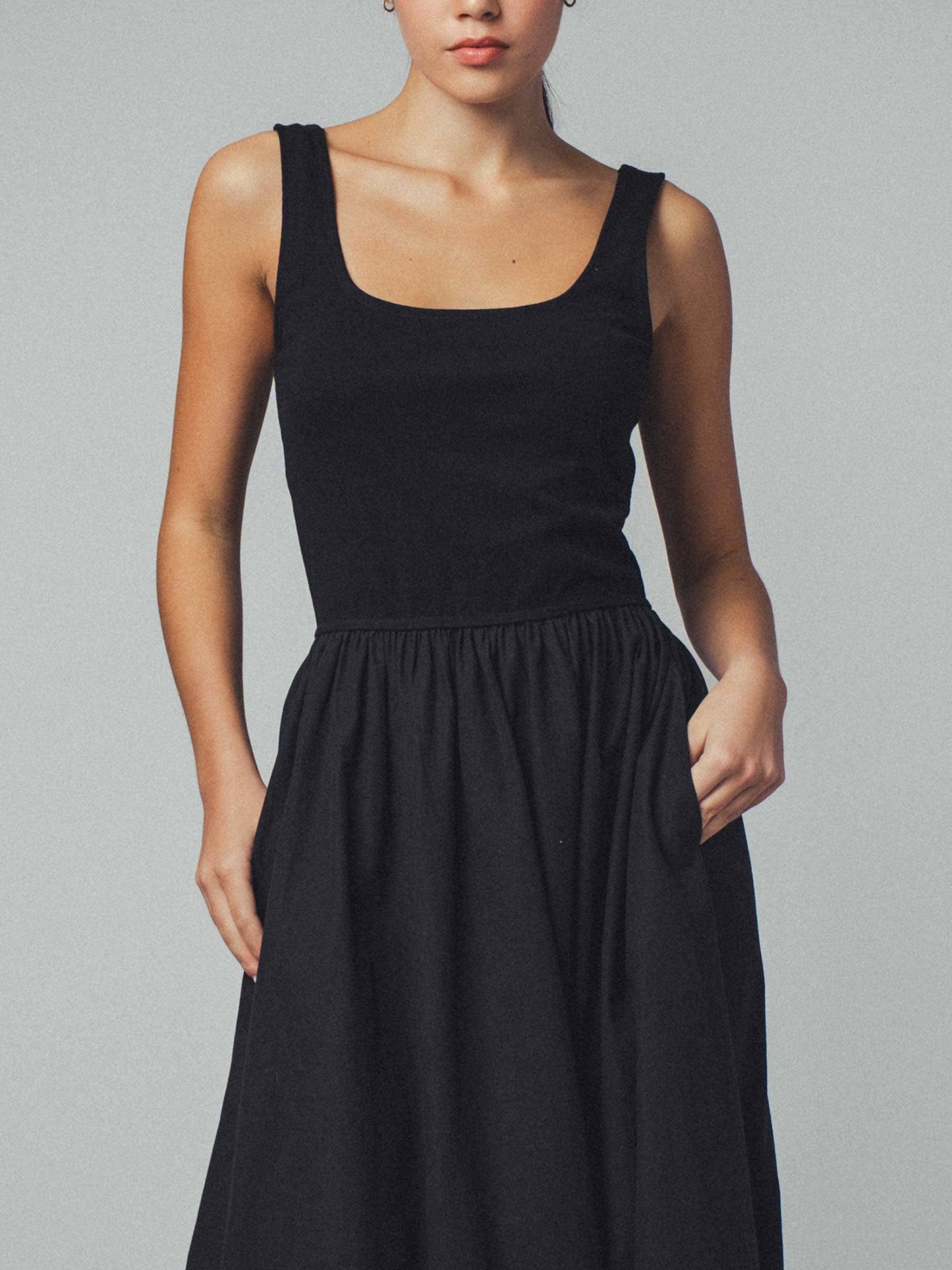 Erica - Square Neck Cotton Blend Gathered Waist Midi Dress