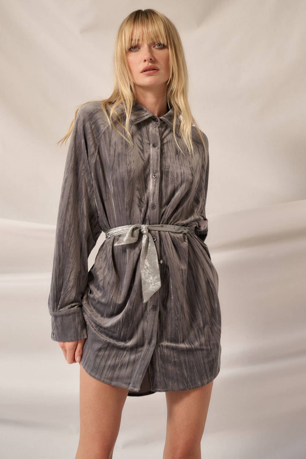 Maizy - Metallic Crinkle Velvet Button-Up Mini Shirt Dress