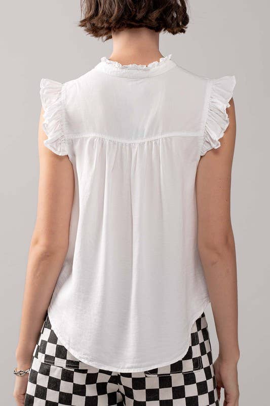 Felicia - Flutter Sleeve Pearl Button Ruffle Trim Tencel Denim Top