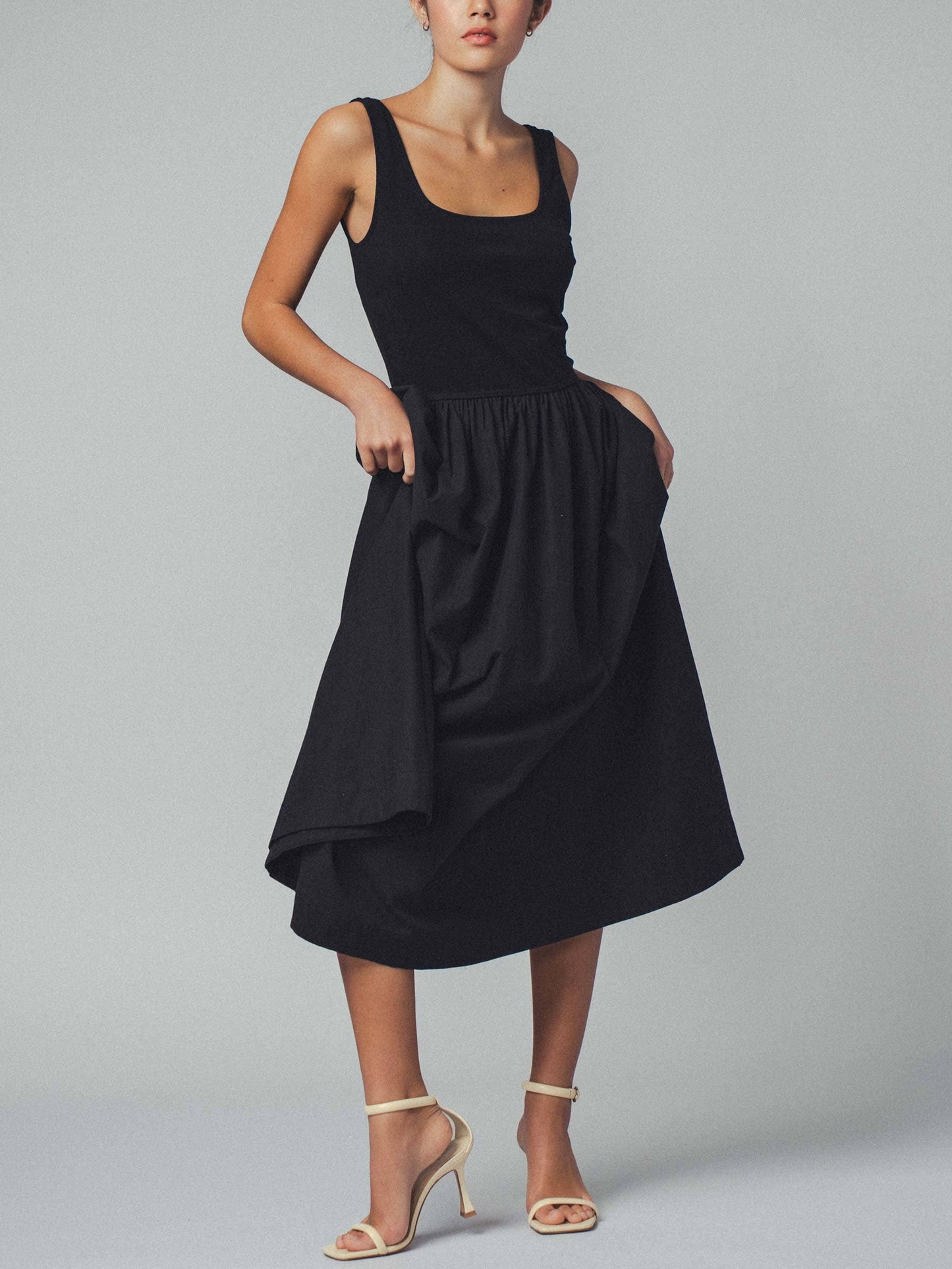 Erica - Square Neck Cotton Blend Gathered Waist Midi Dress