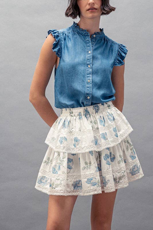 Felicia - Flutter Sleeve Pearl Button Ruffle Trim Tencel Denim Top