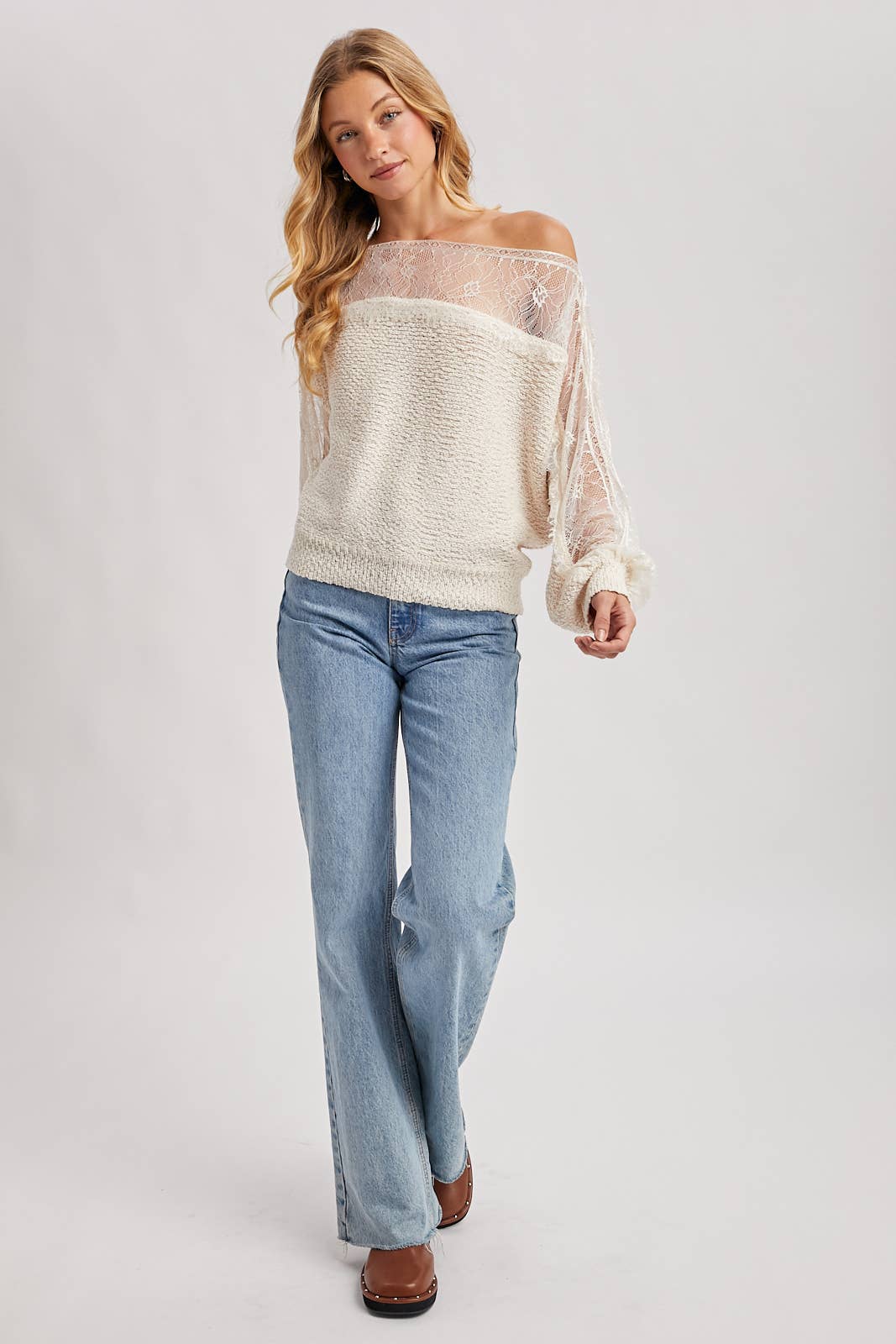 Katie Boat Neck Lace Trimmed Knit Sweater Pullover