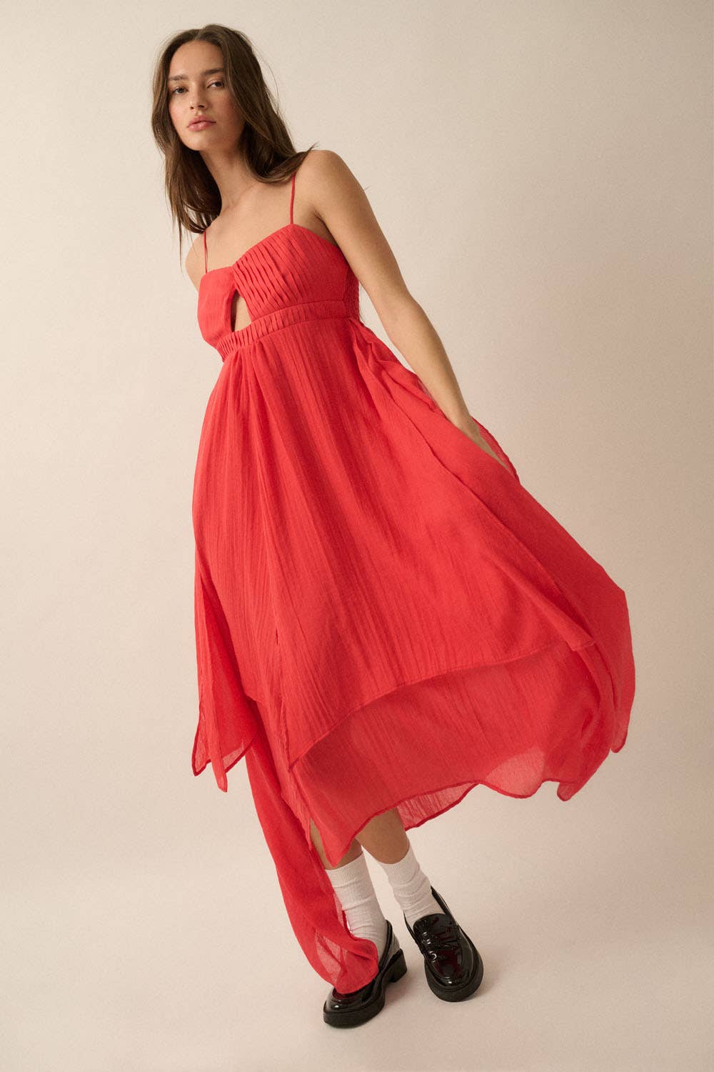 Janet - Pleated Keyhole-Bodice Layered Gauze Maxi Dress